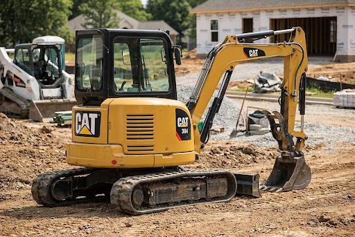 Mini excavator parked on a graded residential construction site.