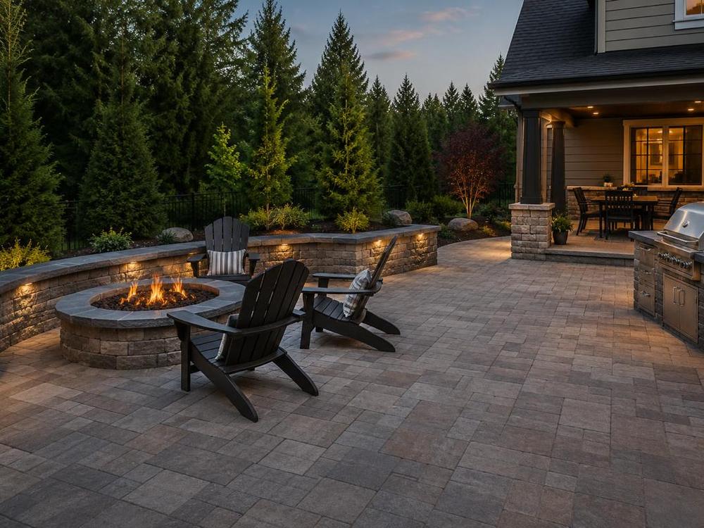 A paver patio at dusk with a lit fire pit, curved seat wall and outdoor kitchen.