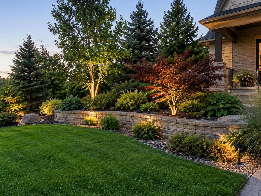 Uplit planting beds along a stacked-stone retaining wall beside a manicured lawn at dusk.